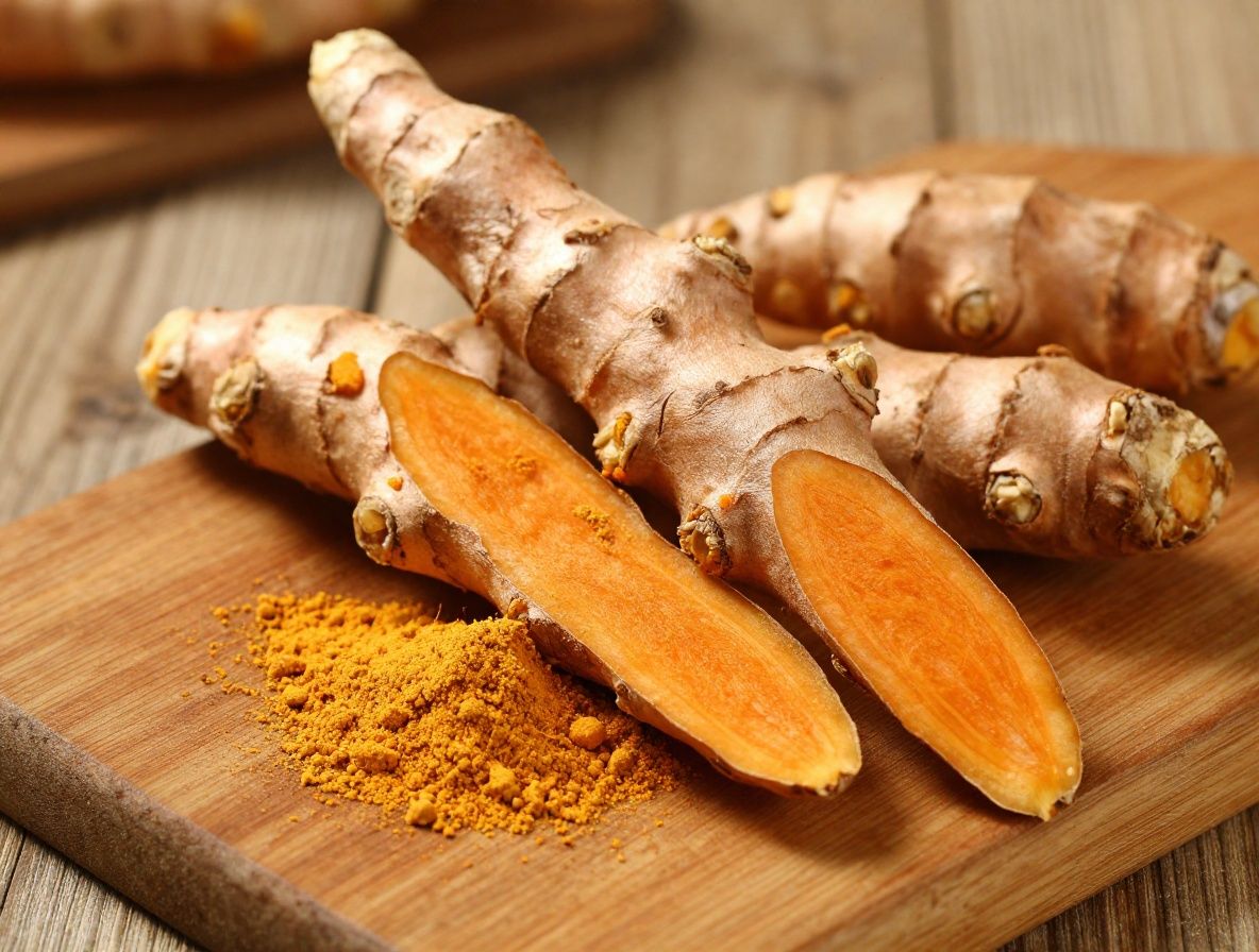 Racine de curcuma fraîche entière et coupée en deux sur une planche en bois rustique, révélant sa chair intérieure orange vif intense, poudre dorée de curcuma éparpillée autour, lumière chaude accentuant la couleur vibrante de l'épice