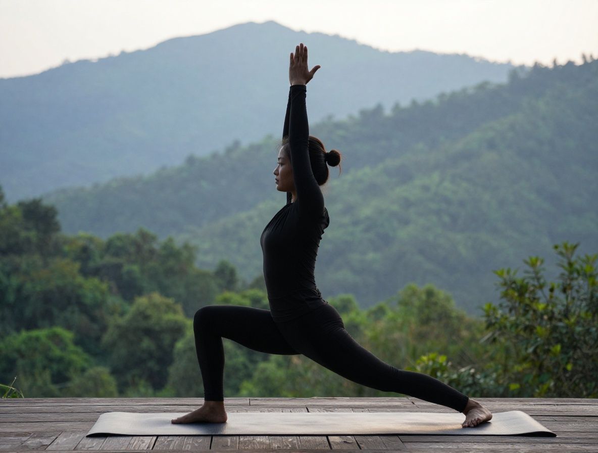 Personne pratiquant une posture de yoga douce, guerrier I, dans un paysage montagneux brumeux au lever du soleil, entourée de brume légère et de forêts verdoyantes, silhouette calme et équilibrée sur fond de ciel clair