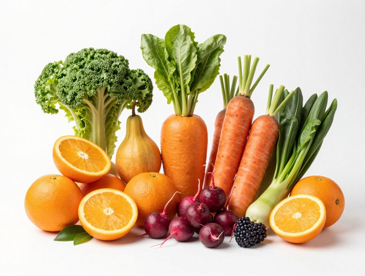 Assortiment vibrant de fruits frais et légumes colorés disposés artistiquement sur fond blanc — oranges, grenades coupées, feuilles de salade verte, radis, myrtilles et herbes aromatiques fraîches, symbolisant la diversité alimentaire naturelle